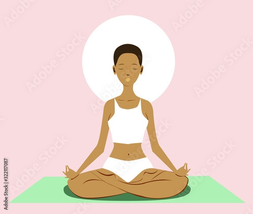  Black short haired woman, practicing in the lotus pose. Healthy lifestyle and yoga concept. Flat cartoon vector illustration for meditation, Yoga Day. Isolated on white background