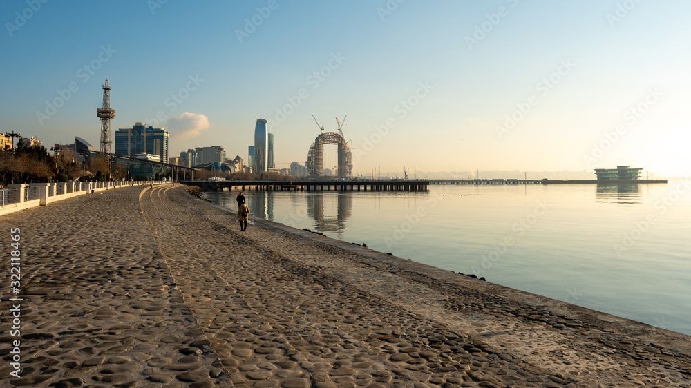 Caspian Sea coast in Baku during sunrise, new construction