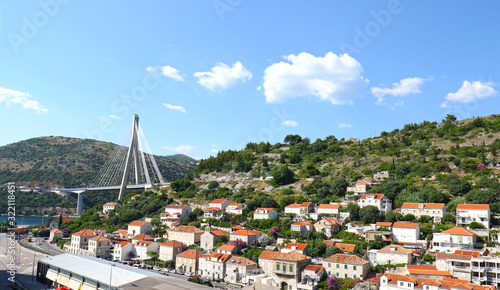 Bridge in Dubrovnik, Croatia.  Rijeka  Dubrovacka near Port of Gruz. Aerial View the bridge and Cruise Port photo
