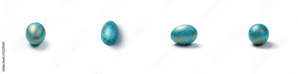 Painted blue easter egg from four different sides. Marble pattern. Isolated.