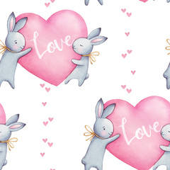 Crédence de cuisine Aquarelle ensemble 1 patrons Beautiful seamless watercolor pattern with cute rabbits and pink hearts. Perfect for your project, packaging, wallpaper, cover design, invitations, birthday, valentine's day.  © BloomPix