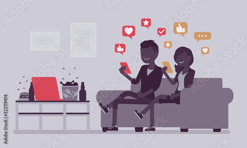 Gadget addiction  young couple dependent on smartphones. People glued to a screen  focusing on mobile device  social media obsession  virtual world. Vector illustration  faceless characters