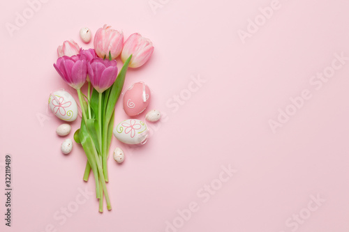 Easter greeting card with eggs and tulips