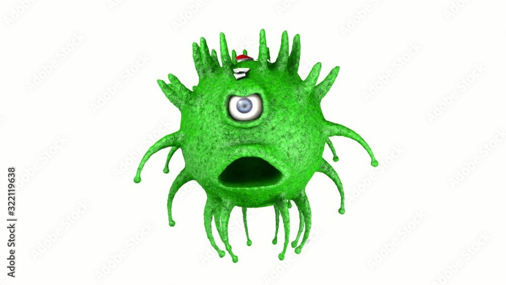 3D cartoon, animation of a coronavirus that wakes up from the impact of a pill. The coronavirus becomes enraged and then falls asleep. 4K animation. 3D cartoon, animation of a coronavirus that wakes up from the impact of a pill. The coronavirus becomes enraged and then falls asleep. 4K animation.