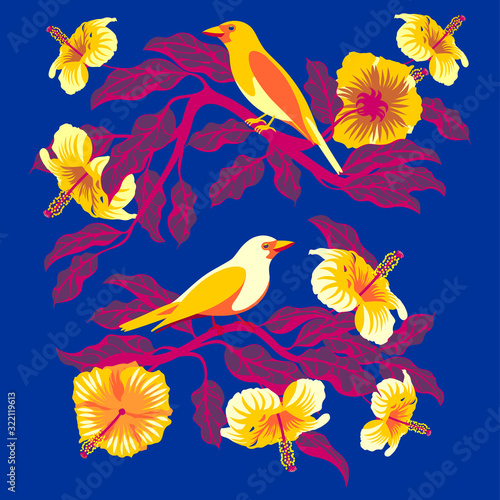 Bright tropical birds on branches with exotic flowers and leaves.