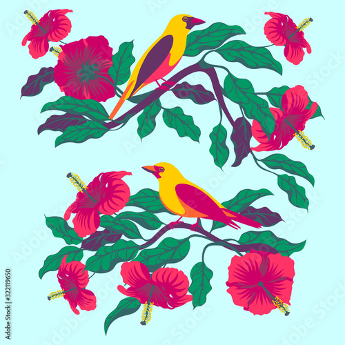 Bright tropical birds on branches with exotic flowers and leaves. © alaver