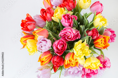 on a white background a bouquet of multicolored tulips close-up (top view)
