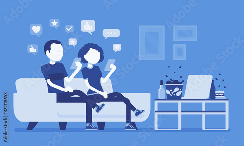 Gadget addiction, couple dependent on smartphones. People glued to screen, focusing on mobile device, social media obsession, virtual world instead routine. Vector illustration, faceless characters