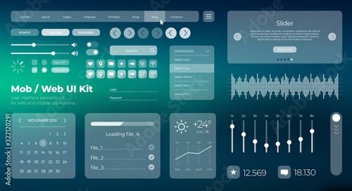 Vector UI UX kit for mobile applications and web sites. Universal user interface template with responsive design, tools and buttons. Flat menu icons and control elements on color blue background.