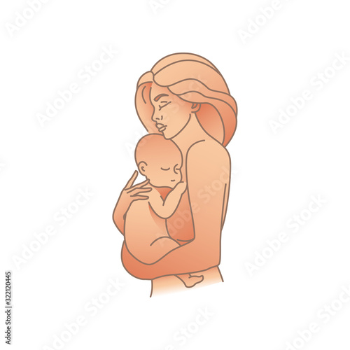 Logo design illustration. Emblem of beautiful woman- happy woman with baby. Motherhood illustration