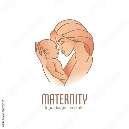 Logo design illustration. Emblem of maternity - happy woman with baby. Motherhood illustration
