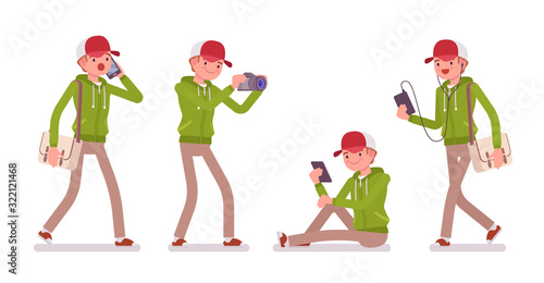 Young man wearing a hoodie holding gadgets. Cute guy in a casual hoody with smartphone, taking selfie, youth city fashion hooded sweatshirt. Vector flat style cartoon illustration