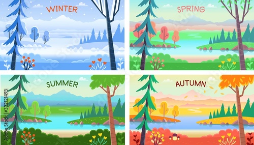 Landscape four seasons. Winter, spring, summer, autumn. Forest landscape with trees, bushes, flowers, road, and a lake. Colorful banners in flat style.