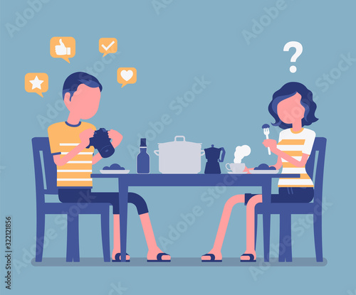 Gadget addiction, guy at dinner dependent on food photography. Man photo of meal, restaurant sharing pictures in social media, culinary images for followers. Vector illustration, faceless characters