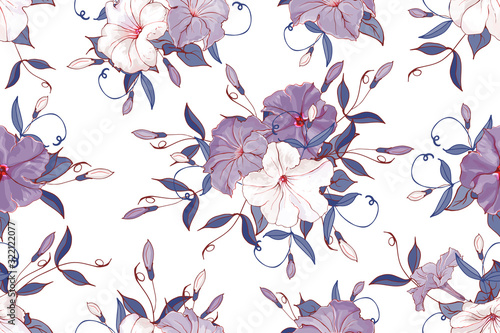 Seamless pattern with petunia and leaves.White, violet flowers and blue leaves on white background. Hand drawn. For floral design, textile, print, wallpapers, wrapping paper.Vector stock illustration.