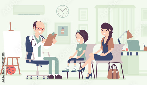 Child pediatric check up procedure, male doctor. Family visiting medical practitioner in clinic office, adolescent medicine specialist exam, health care of infant, children, kid. Vector illustration