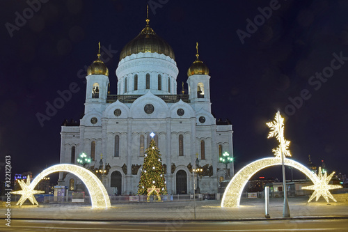 Evening shooting in Moscow near the Cathedral of Christ the Saviour and the Kremlin. Russia, Moscow, January 2020.