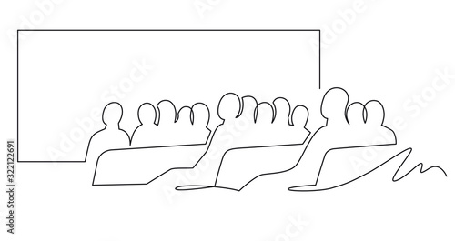 People sit cinema hall back rear view looking at screen continuous one line drawing.
