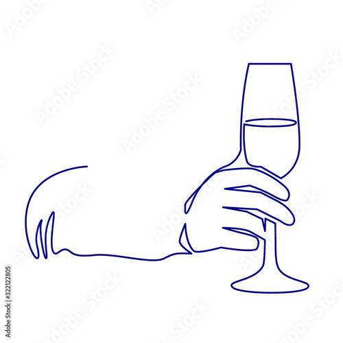 Continuous one line drawing glass of shimmer wine in hand toasting on white background.