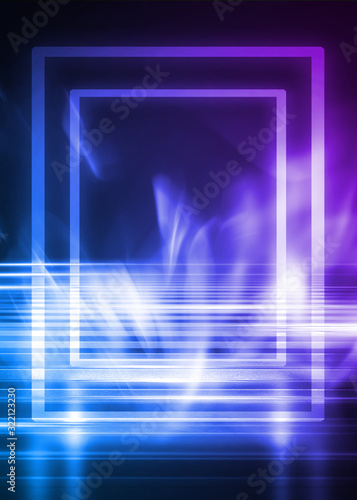 Abstract dark background of empty scene with ultraviolet light. Neon lights in the center of the stage  smoke