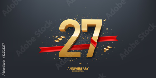 27th Year anniversary celebration background. 3D Golden number wrapped with red ribbon and confetti on black background.