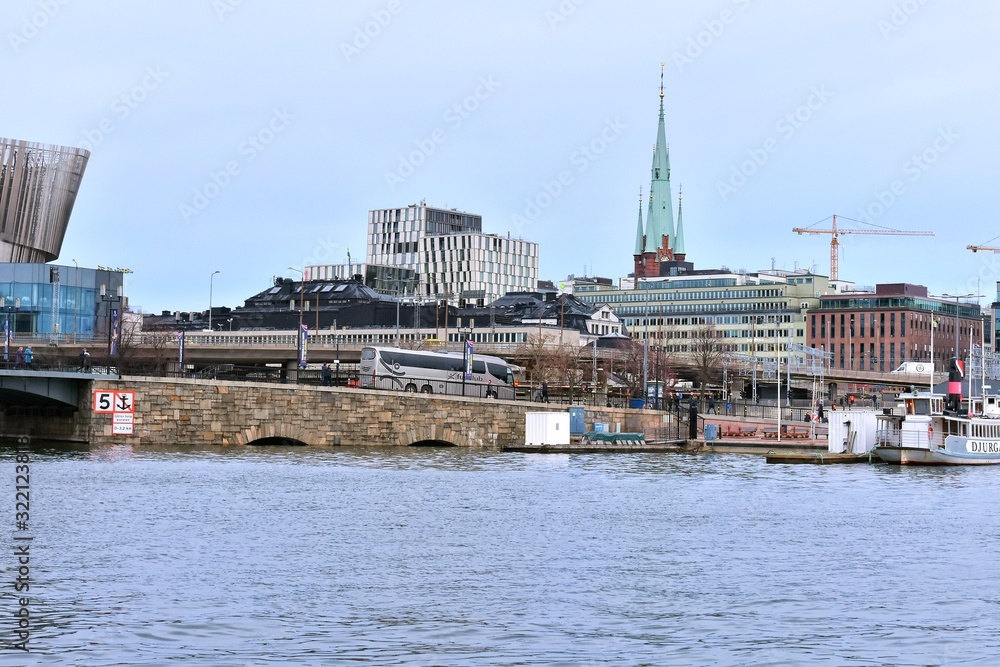 Stockholm, Sweden- January 2020. View from the water to the old city of Stockholm. Beautiful cityscape of the old city.  The capital of Sweden. landmarks of Stockholm city. Scandinavia. North Europe 
