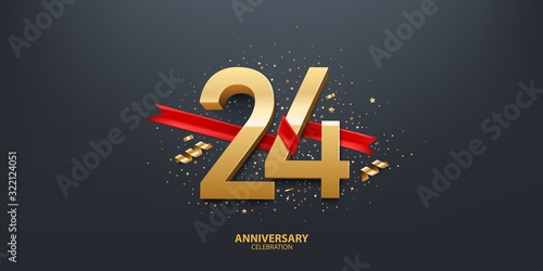 24th Year anniversary celebration background. 3D Golden number wrapped with red ribbon and confetti on black background.