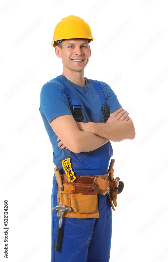 Handsome carpenter with tool belt isolated on white Handsome carpenter with tool belt isolated on white