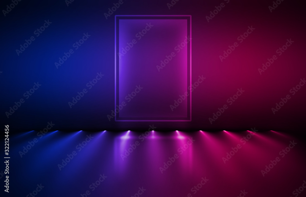 Abstract dark background of an empty scene with ultraviolet light. Neon light figures in the center of the stage, smoke, smog