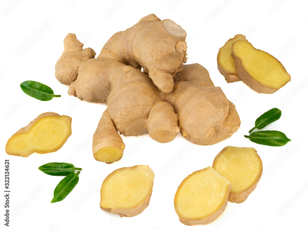 Fototapeta premium Fresh ginger with leaves on a white bakground