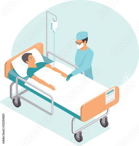Hospitalized man lying in bed. Doctor checking him. Flat vector illustration
