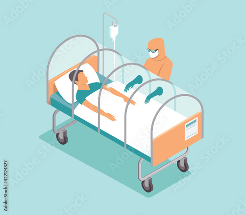 infected patient lying in special isolated capsule. COVID-19 pandemic concept  flat vector illustration