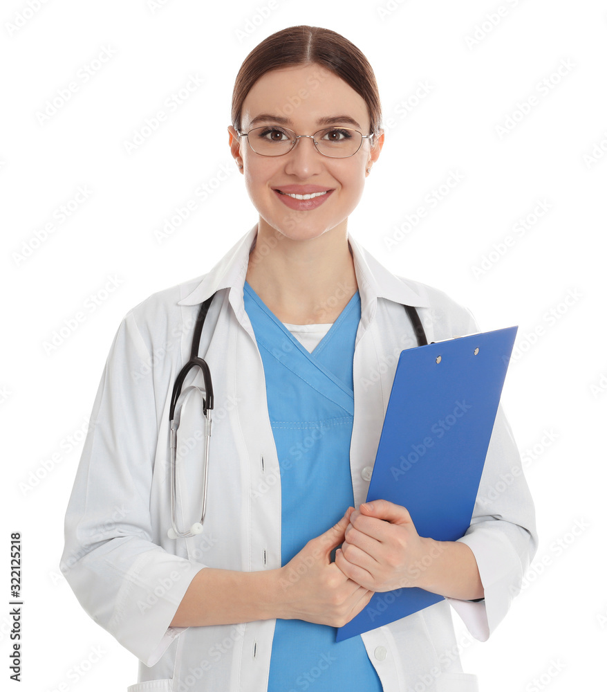 Portrait of doctor with clipboard on white background Portrait of doctor with clipboard on white background