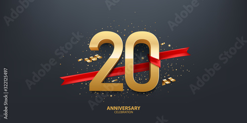 20th Year anniversary celebration background. 3D Golden number wrapped with red ribbon and confetti on black background. photo