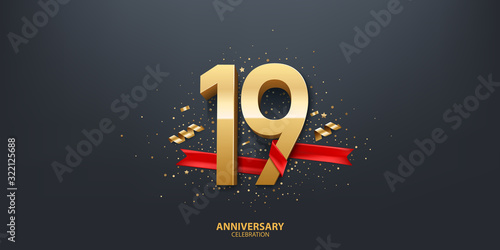 19th Year anniversary celebration background. 3D Golden number wrapped with red ribbon and confetti on black background.