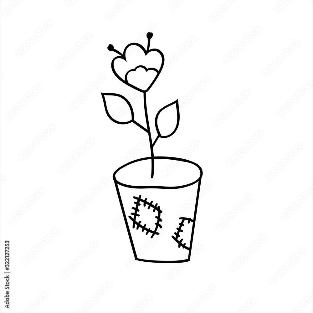 Flower in a pot. Vector illustration in Doodle style. Isolated object on a white background. Design element for children's books-paints, textiles, posters, school project, printing, banner. Flower in a pot. Vector illustration in Doodle style. Isolated object on a white background. Design element for children's books-paints, textiles, posters, school project, printing, banner.