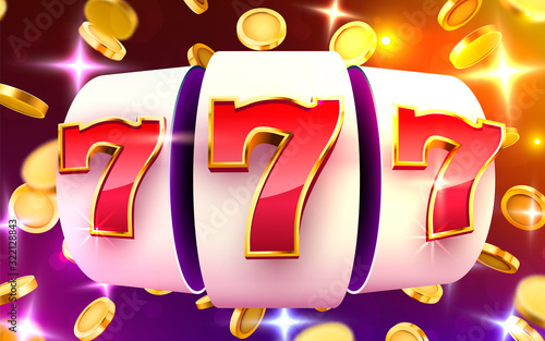 Golden slot machine with flying golden coins wins the jackpot. Big win concept.