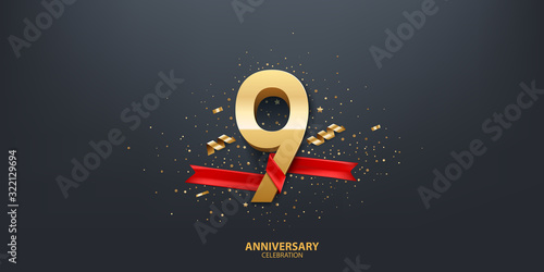 9th Year anniversary celebration background. 3D Golden number wrapped with red ribbon and confetti on black background.