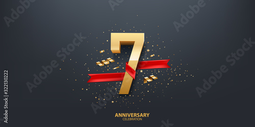 7th Year anniversary celebration background. 3D Golden number wrapped with red ribbon and confetti on black background.