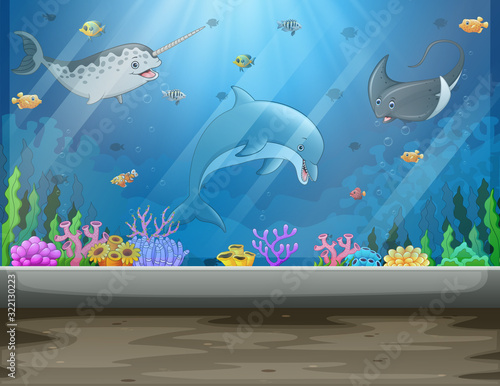 Underwater museum with fishes and algae big aquarium tank
