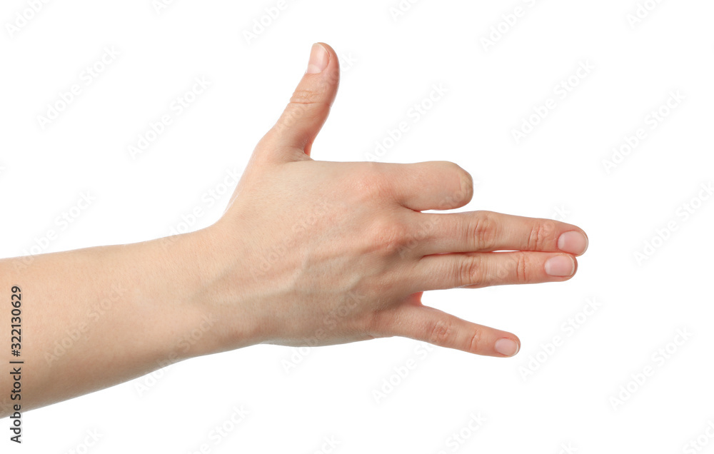 Female hand showing gesture, isolated on white background Female hand showing gesture, isolated on white background