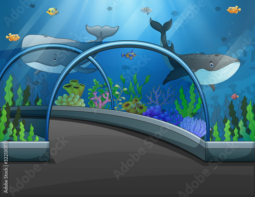 Aquarium scene with sea animals illustration