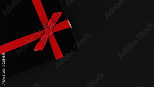 3d rendering of black gift box with shiny red ribbons isolated on black background, Holiday decoration element. Birthday or anniversary present
