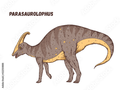 Parasaurolophus dinosaur hand drawn. Vector illustration. Herbivorous dinosaur. Cartoon illustration