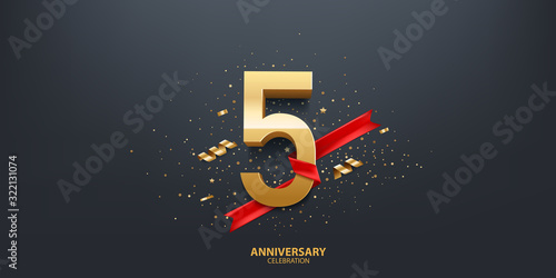 5th Year anniversary celebration background. 3D Golden number wrapped with red ribbon and confetti on black background.