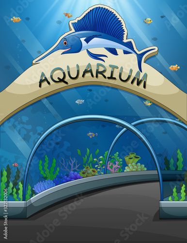Big aquarium entrance with lives underwater illustration