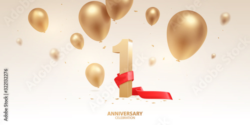 1st Year anniversary celebration background. 3D Golden number with red ribbon, confetti and balloons.