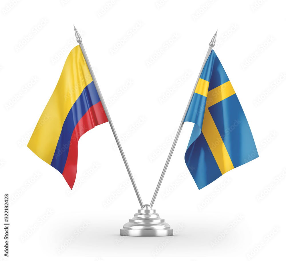 Sweden and Colombia table flags isolated on white 3D rendering Sweden and Colombia table flags isolated on white 3D rendering