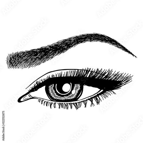 Illustration with woman's eye, eyelashes and eyebrow. Makeup Look. Tattoo design. Logo for brow bar or lash salon.