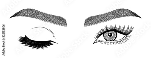 Illustration with woman's eye wink, eyebrows and eyelashes. Makeup Look. Tattoo design. Logo for brow bar or lash salon.